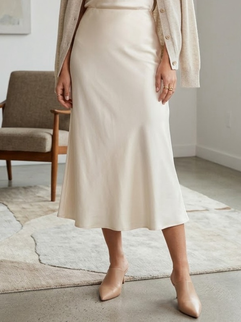 Elegant Cream Satin Bias Midi Skirt